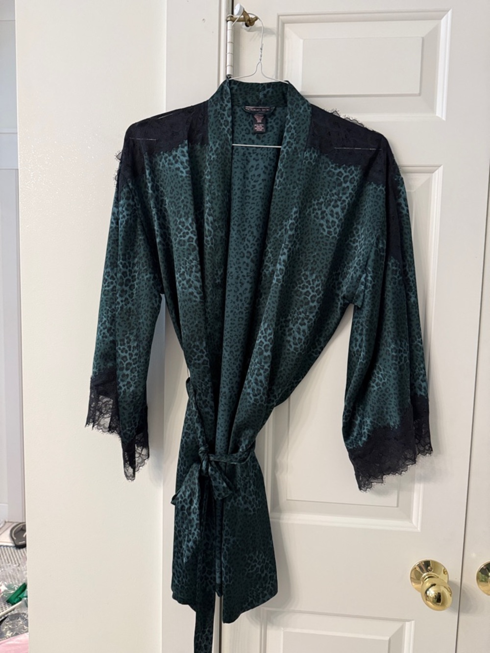 Victoria's Secret Teal Green Leopard Satin Lace-Trim Robe
